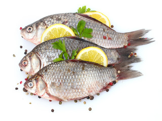 Fresh fishes with lemon, parsley and spice isolated on white