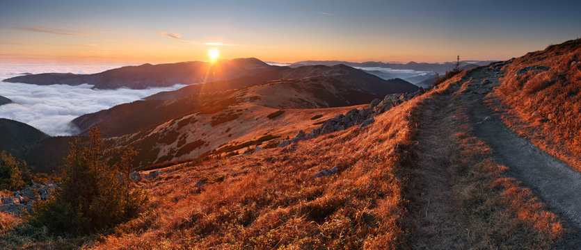 Mountain panorama at sunset with path - Low Tatras ini Slovakia