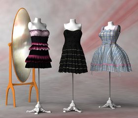 Spiegel und drei Kleiderst&auml;nder mit verschiedenen Kleidern