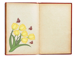 Old book with tulips and butterflies