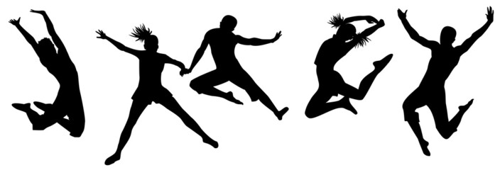 Silhouettes of men and girls in a jump