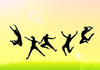 Silhouettes of men and girls in a jump on a bright background