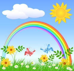 Fototapeta na wymiar Flowers with green grass and rainbow