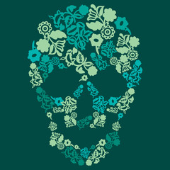 Human skull in flowers, isolated