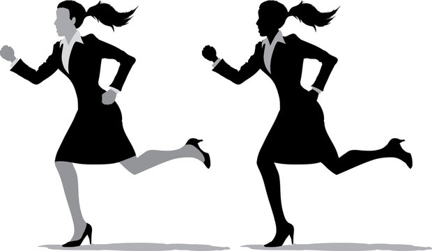 2 different version of a business woman running
