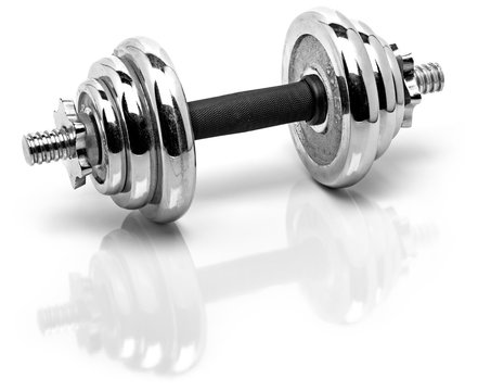 silver fitness weights with reflection on a white shiny surface