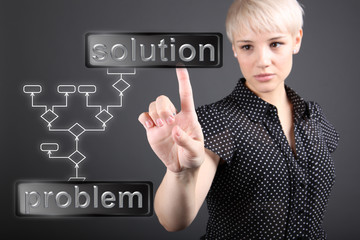 Problem solving concept - business woman touching screen
