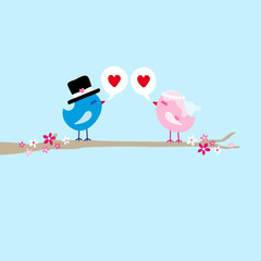 Wedding Birds On Tree In Love 2 Hearts Blue