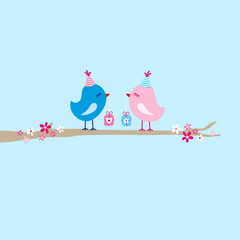 2 Birds With Gifts On Tree Blue