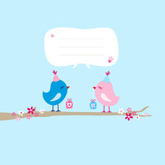 2 Birds With Gifts On Tree Speech Bubble Blue