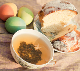 Colorful Easter Eggs, cup of tea & pie