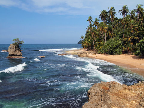 Wild tropical beach with lush vegetation and rocky islet, Costa Rica, Manzanillo, Central America