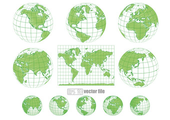 Collection of green vector globes with world map