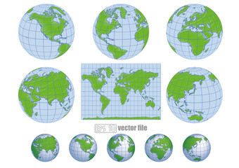 Collection of green blue vector globes with world map