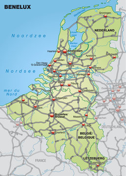 Autobahnkarte der Beneluxländer mit Hauptstädten