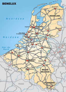 Landkarte der Beneluxländer mit Nachbarländern und Autobahnen