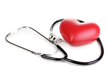 Medical stethoscope and heart isolated on white