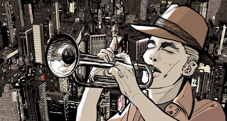 trompettist over de achtergrond van een stadsgezicht