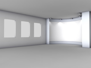3d empty niche with boxes and spotlights for exhibit in the grey