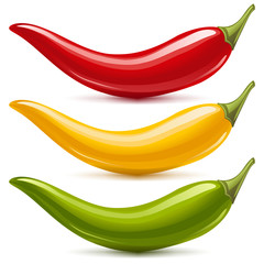 Hot chilli pepper vector set. Red, yellow and green