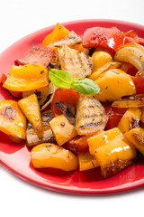 grilled onion and capsicum on white background