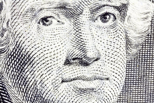 Macro of Thomas Jefferson on the US two dollar bill.
