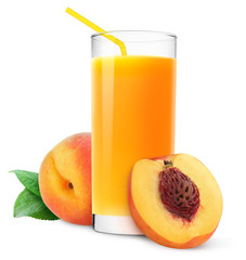 Isolated peach drink. Glass of fruit juice with straw and cut peaches isolated on white background © ChaoticDesignStudio