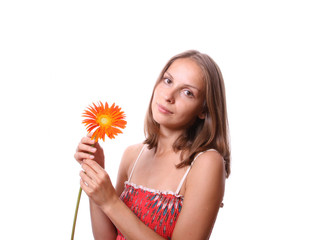 woman with flower, isolated on white