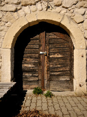 closed wooden door of a wine cellar