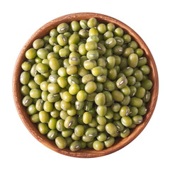 wooden bowl full of green mung beans isolated on white