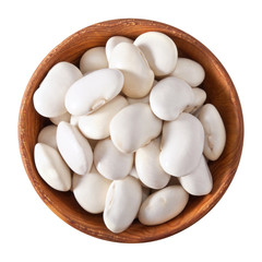 wooden bowl full of white beans isolated on white