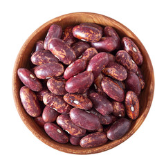 wooden bowl full of red speckled kidney beans isolated on white