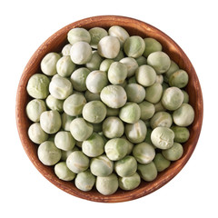 wooden bowl full of green peas isolated on white