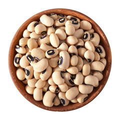 wooden bowl full of black eye beans isolated on white