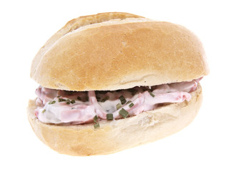 Roll with meat salad isolated on white