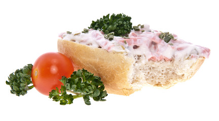 Roll with meat salad isolated on white