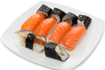 Asia red and black sushi on white plate