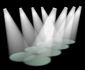 Fototapeta premium Eight White Spotlights In A Row On Stage For Highlighting Produc