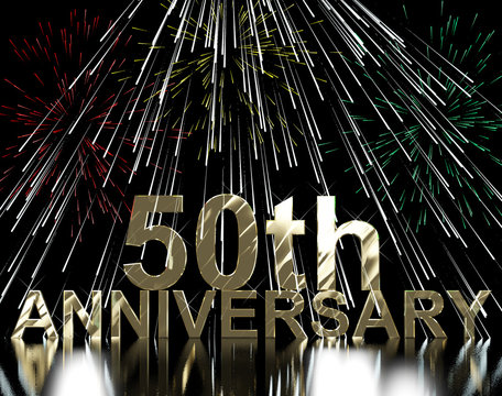 Gold 50th Anniversity With Fireworks For Fiftieth Celebration Or