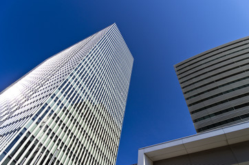 青空を背景にした見上げた高層ビル街