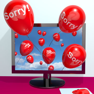 Sorry Balloons From Computer Showing Online Apology Regret Or Re