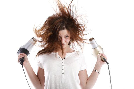 wild woman with two hairdryer (white background))
