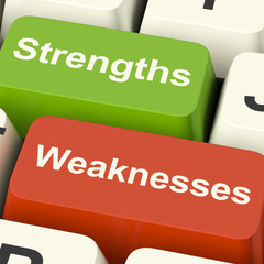 Strengths And Weaknesses Computer Keys Showing Performance Or An - obrazy, fototapety, plakaty