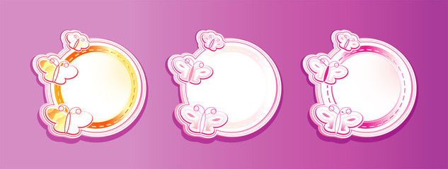 Three round frames with butterflies, on a violet background