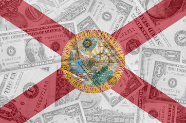 US state of florida flag with transparent dollar banknotes in ba