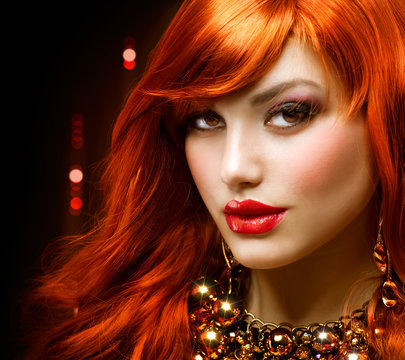 Fashion Red Haired Girl Portrait. Jewelry