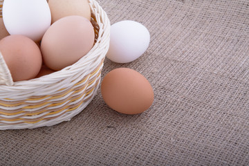 Eggs in basket on a sacking background
