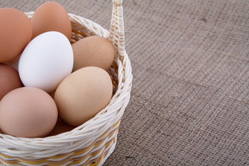 Eggs in basket on a sacking background