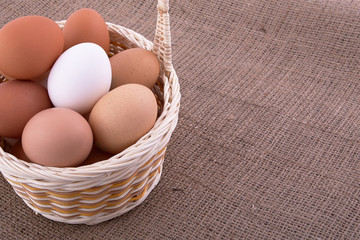 Eggs in basket on a sacking background