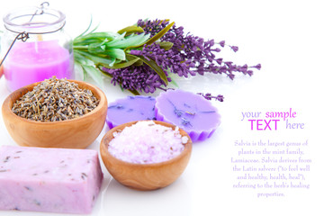 Obraz na płótnie Canvas bar of natural soap, dry Lavender herbs and bath salt isolated
